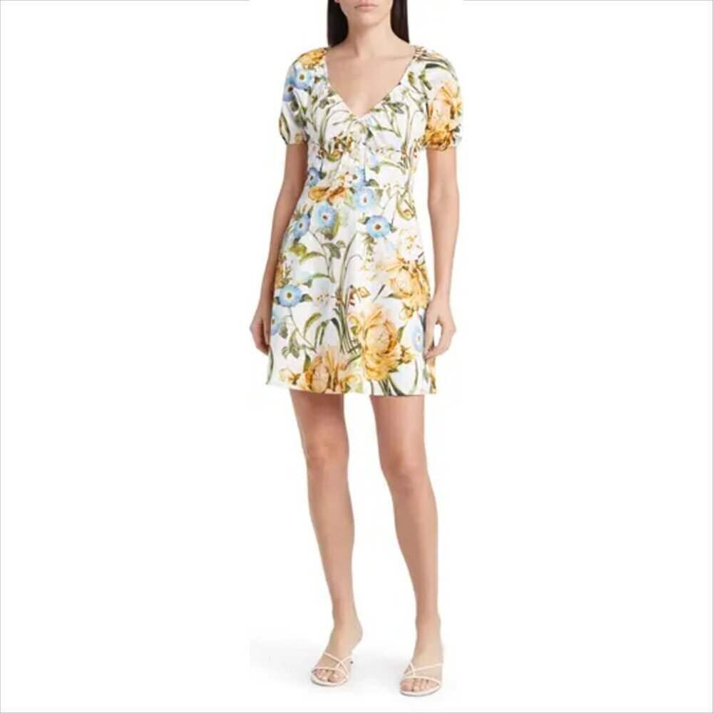 Favorite Daughter Beloved floral mini dress stretch cotton puffed sleeve new 14